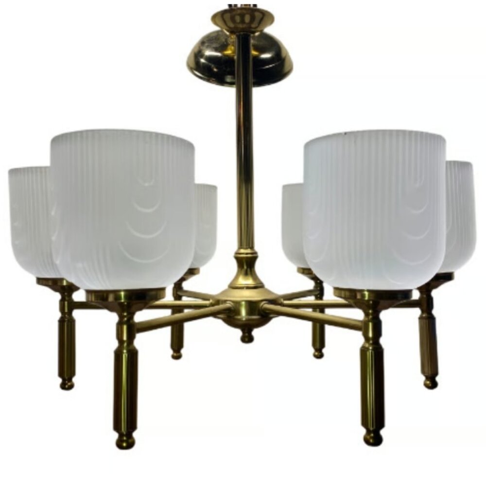 Vintage MCM Solid Brass Art Deco 6-Arm Frosted Glass Chandelier MINT
